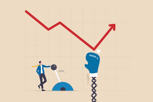 Vettore strategia rivoluzionaria per migliorare o aumentare il rimbalzo del mercato azionario o una soluzione per la ripresa economica dal concetto di recessione uomo d'affari premere l'interruttore per cambiare direzione dalla caduta verso l'alto