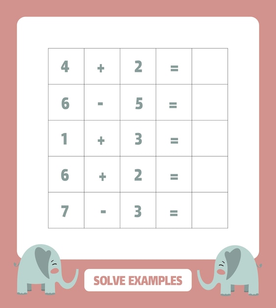 Game for children Addition and subtractionElephant in cartoon style Education developing worksheet