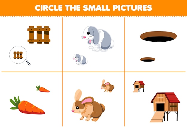 Vector game for children circle the small picture of cute rabbit and stuff printable pet worksheet