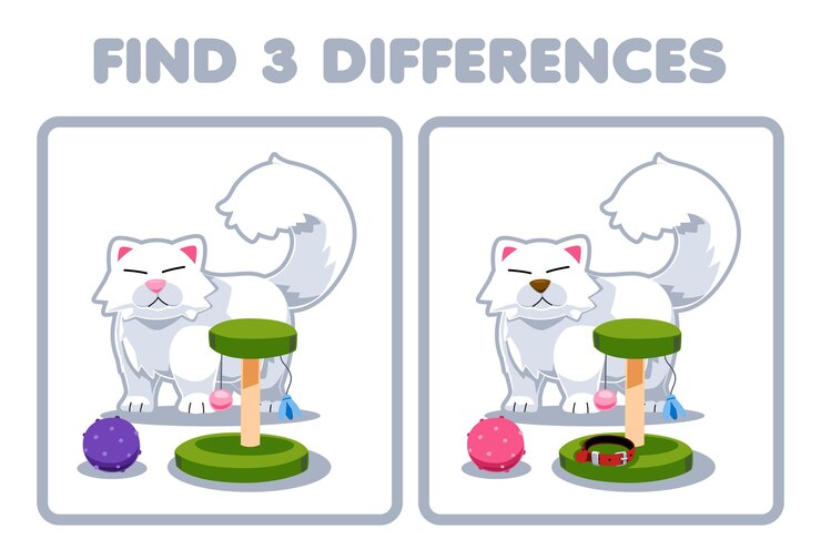 Vector game for children find 3 differences between 2 cute cat and toys picture printable pet worksheet