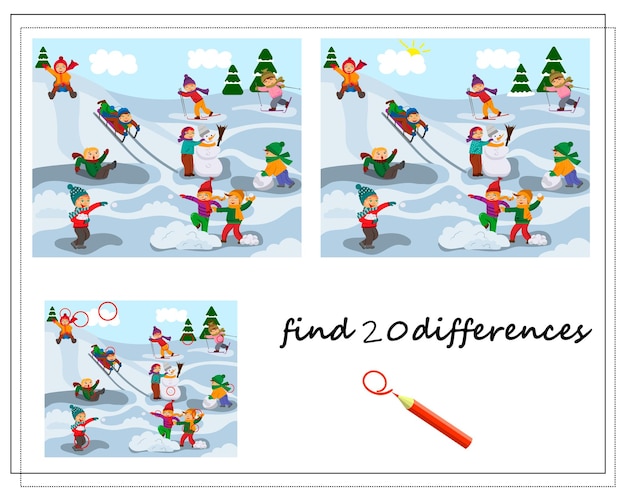 Vettore gioco per bambini per trovare le differenze in inverno i bambini giocano a palle di neve, fanno un pupazzo di neve con lo slittino e sciano all'aperto