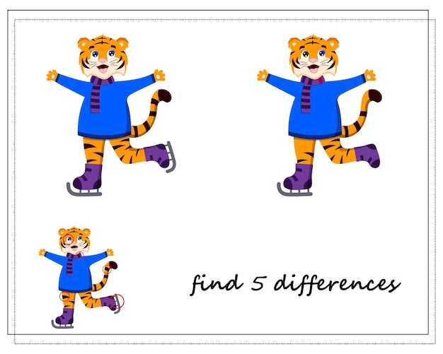 A game for children find the differences winter a tiger on skates a symbol of the year vector