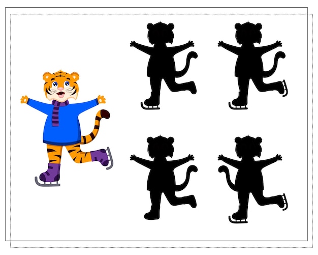 Un gioco per bambini che trova l'ombra giusta su una tigre dei cartoni animati sui pattini