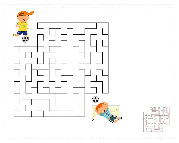 Un gioco per bambini che attraversa il labirinto aiuta il giocatore di football a segnare la partita di calcio con la palla