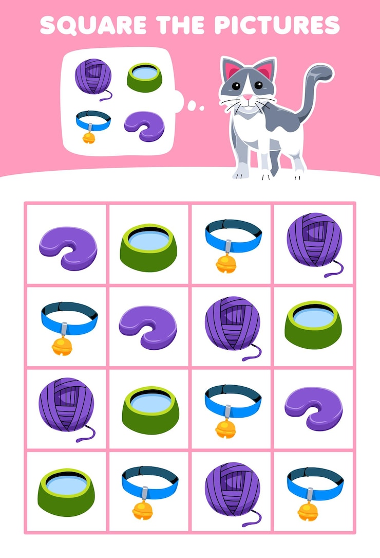 Vector game for children help cute cat square the correct stuff set picture pet worksheet