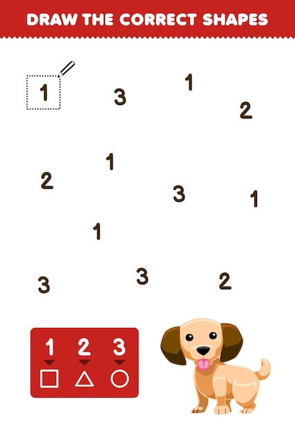 Game for children help cute dog draw the correct shapes according to the number pet worksheet