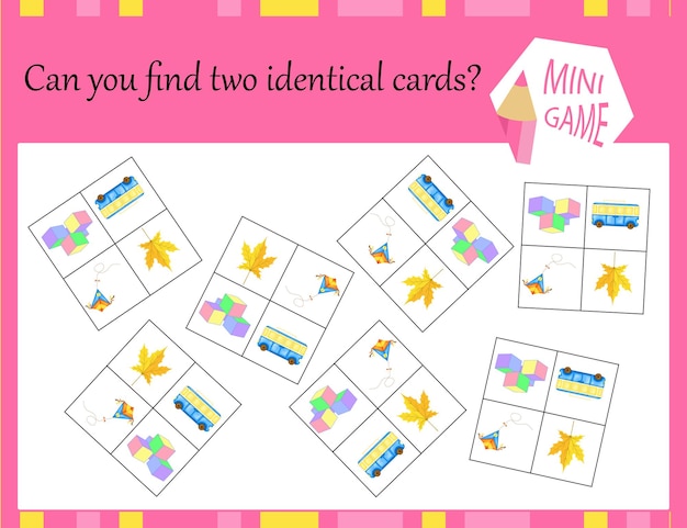 Game for children to search for identical pictures. Cartoon style. Vector illustration.