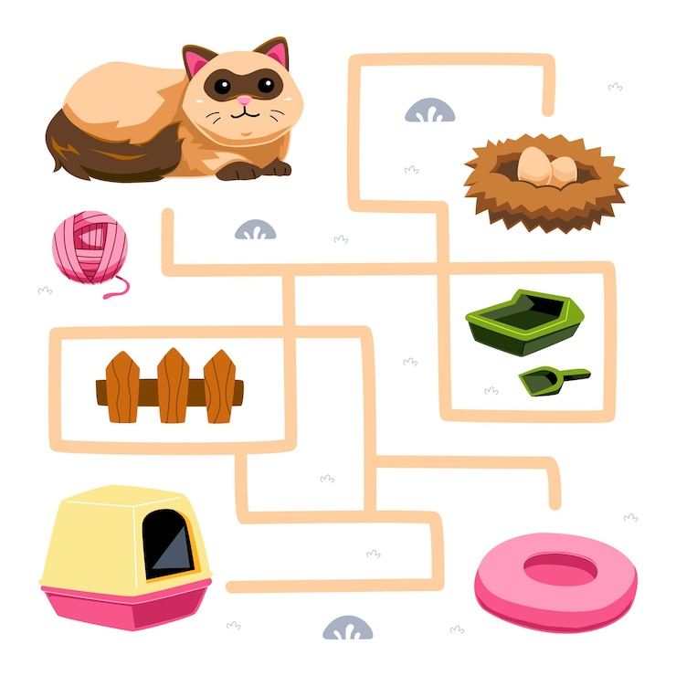 Vector game for children simple maze with cute cartoon cat stuff pet worksheet
