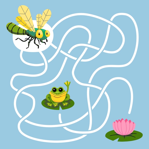 Game for children simple string maze with cute cartoon dragonfly bug worksheet