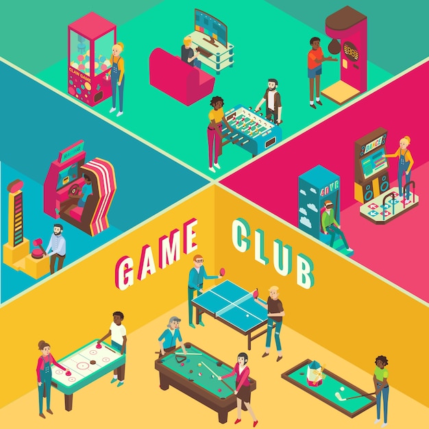 Vector game club cutaway interior flat 3d isometric