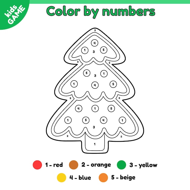Vector game color by numbers gingerbread christmas tree