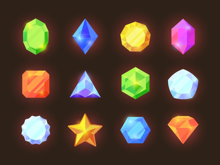 Game color crystals set. Shiny jewelry of various geometric shapes blue diamonds orange sapphires green emeralds graphic game treasure vibrant for user rich mobile interface.