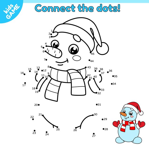 Vector game connect the dots and draw snowman in red hat