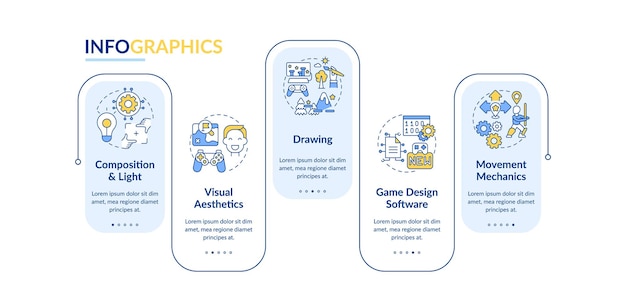 Game designer skills  infographic template. Visual aesthetics presentation design elements. Data visualization with 5 steps. Process timeline chart. Workflow layout with linear icons