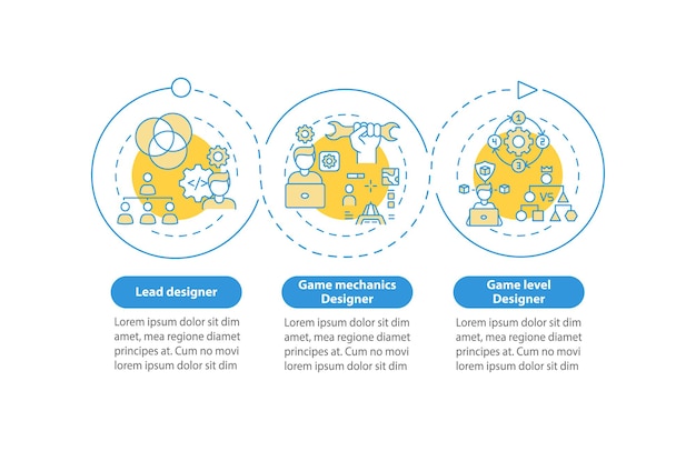 game designers types  infographic template. game mechanics designer presentation design elements. data visualization with 3 steps. process timeline chart. workflow layout with linear icons