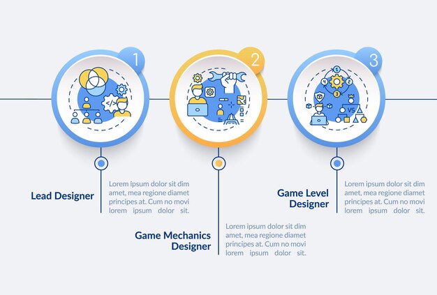 I progettisti di giochi tipi modello di infografica. elementi di design della presentazione del designer principale. visualizzazione dei dati con 3 passaggi. elaborare il grafico della sequenza temporale. layout del flusso di lavoro con icone lineari