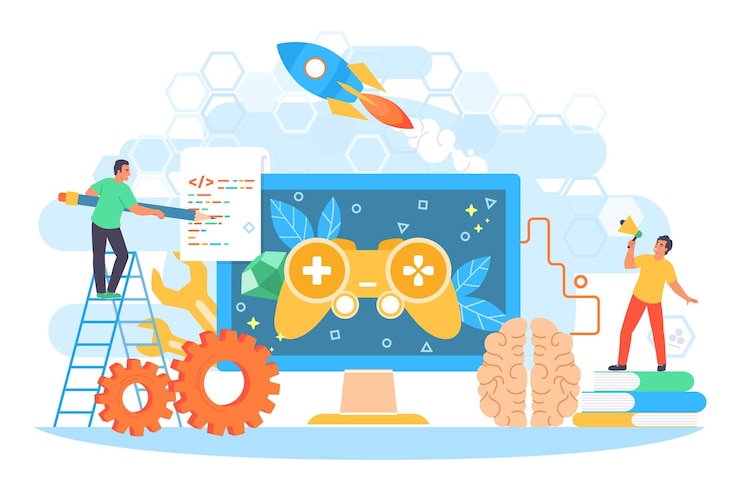 Vector 디지털 디자인 작업을 하는 게임 개발자 팀