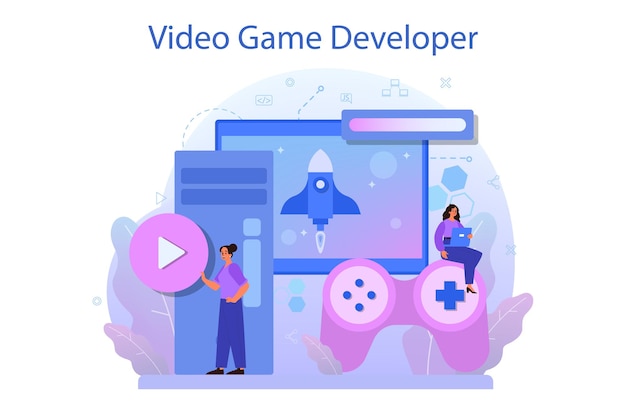 Game development concept. Creative process of a computer video game design.