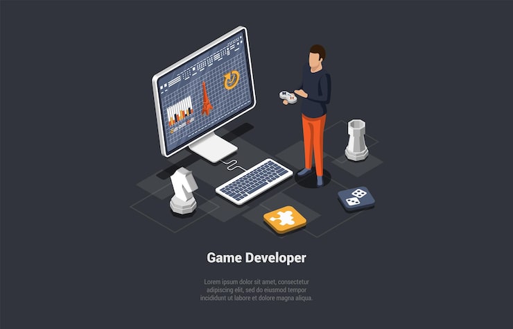 Vector game development concept gamedev in process of create and develop new computer video game design digital technology character testing and codding game interfase isometric 3d vector illustration