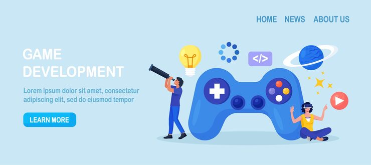 Vector game development creative process of video game design programming digital technology and coding virtual world development interactive design visualization vr space exploring and simulation