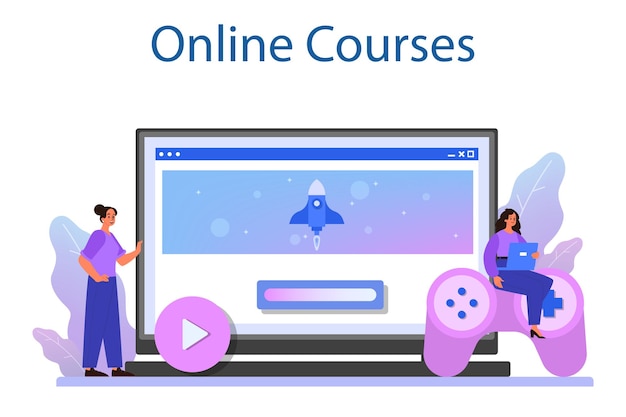 Vector game development online service or platform. creative process of a computer video game design. online course.