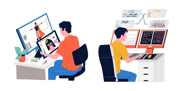 Vector 游戏开发人员编程或编码视频游戏剧本自由职业人员与计算机合作编程人员创建游戏角色开发人员工作矢量概念