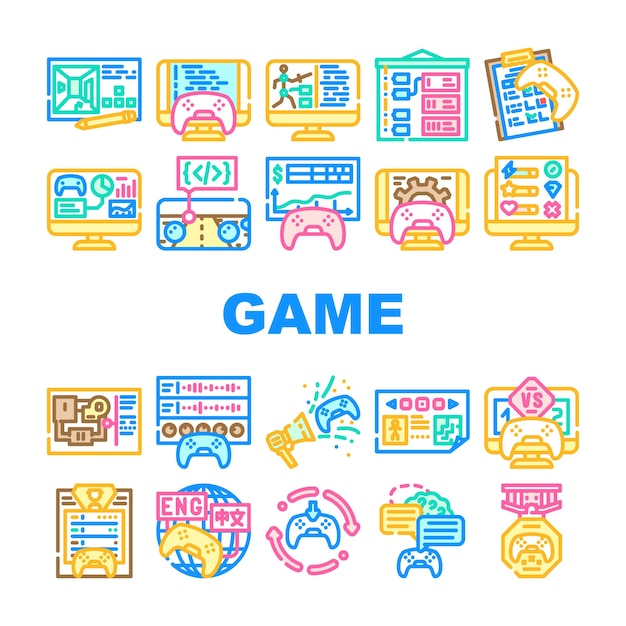 game development software icons set vector computer screen industry technology office people young code program developer game development software color line illustrations