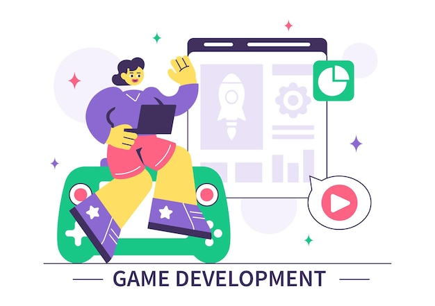 Game Development Vector Illustration Featuring Games Digital Technology Programming and Coding for the Technical Aspects of Creating Video Games