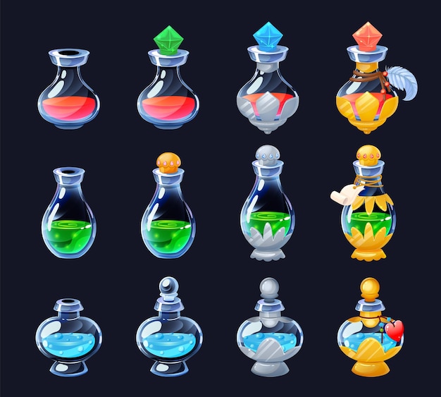 Game elixir cartoon gui potion sprite asset of flasks and phials for life mana and strength for 2d game vector colorful potions from weak to strongest icon set