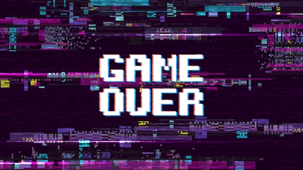 Game over fantastic computer background with glitch noise retro effect vector screen. game over pixel display, video computer text illustration