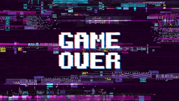 Vettore gioco su sfondo fantastico computer con schermo di vettore di effetto retrò rumore glitch. gioco sul display pixel, illustrazione del testo del computer video