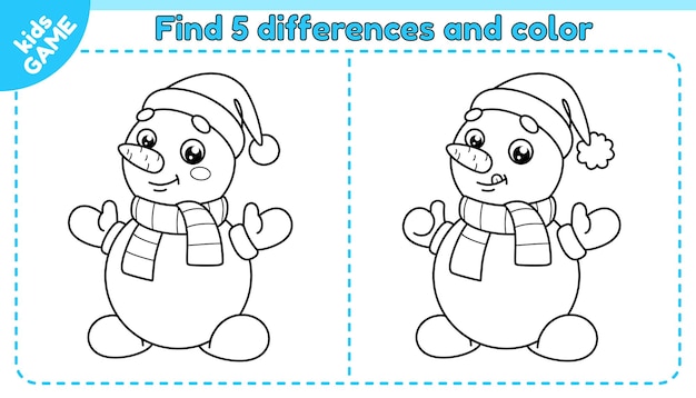 Vector game find differences and color snowman in scarf