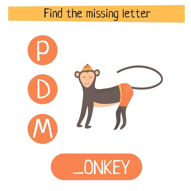 Game "Find the lost letter in the word Monkey" for children. Vector cartoon illustration.