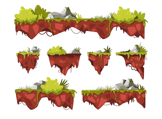 Gioco di volo a terra piattaforme di cartone animato con cespugli di erba verde rocce appese in aria pezzi galleggianti di paesaggio fantastico per asset di gioco set vettoriale