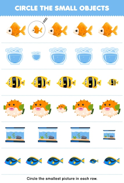 벡터 어린이용 게임 귀여운 물고기 인쇄 가능한 애완동물 워크의 각 줄에서 가장 작은 물체를 서클