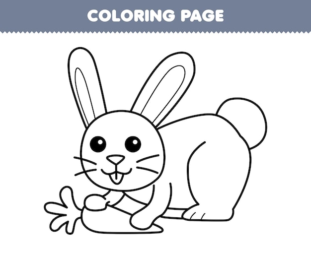 Вектор Игра для детей раскрашивание страницы милого кролика, съедающего морковь