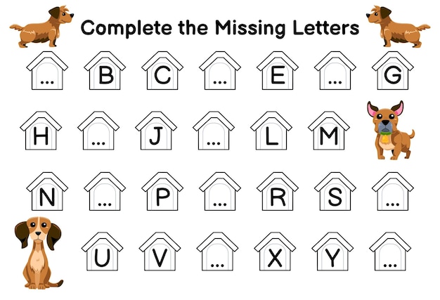 Вектор Игра для заполнения отсутствующих букв с милыми мультфильмами собаки печатные домашние животные рабочий лист