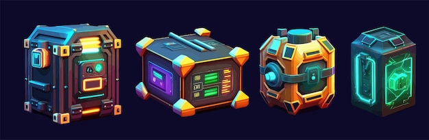 Game futuristic boxes future technology chests A beautiful template for game Flat cartoon illustration isolated on background Vector