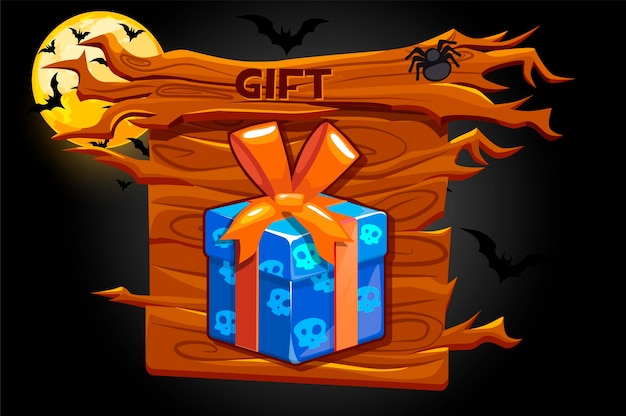 Game gift icon, wooden board and halloween illustrations.