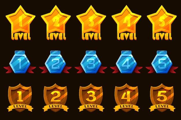 Game gold badges with level number for game user interface banner application interface slots game