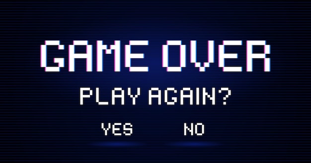 Game over inscription asking person play again with answer options yes or no modern trendy games screen with lighting effect art design for game life bar gaming controller vector illustration