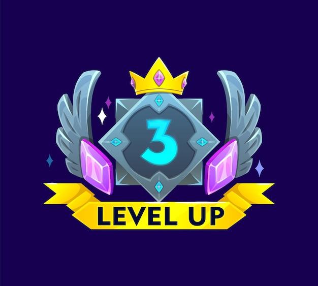 Vector game interface level up metal badge crown gems