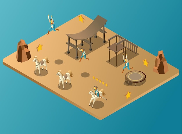 Vector game of jumping cowboys into the horses isometric illustration