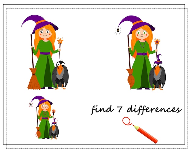 Game for kids find the difference cartoon witch with a broom and a magic wand Halloween vector