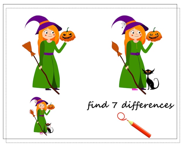 Game for kids find the difference cartoon witch with a broom and a pumpkin halloween vector