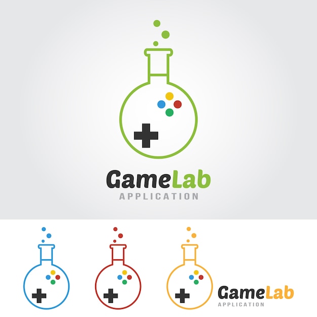 Modello di logo di game lab. lampadina del laboratorio con l'icona del gioco.