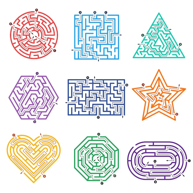 Labirinto di gioco. modo labirinti con vari cancelli d'ingresso ed uscite di forme vettoriali. illustrazione gioco sfida labirinto, compito labirinto