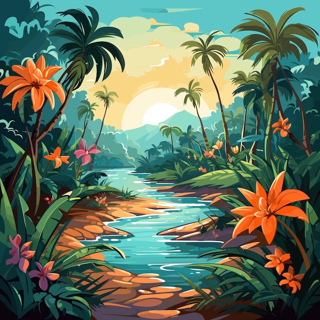 Vector game landscape with tropical plants background illustration