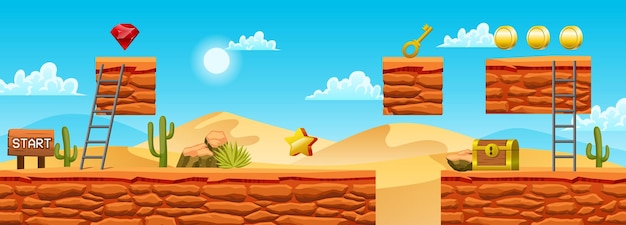 Вектор Фон уровня игры с платформами и предметами в пустыне