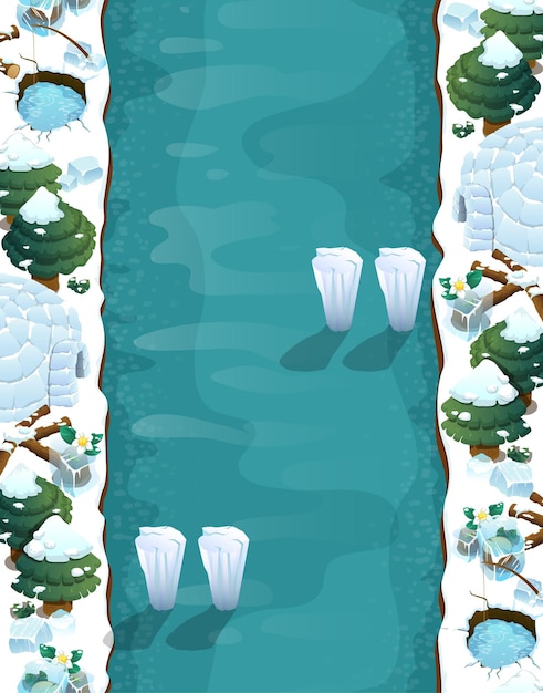 Vector game level background with platforms and items game winter landscape with traps